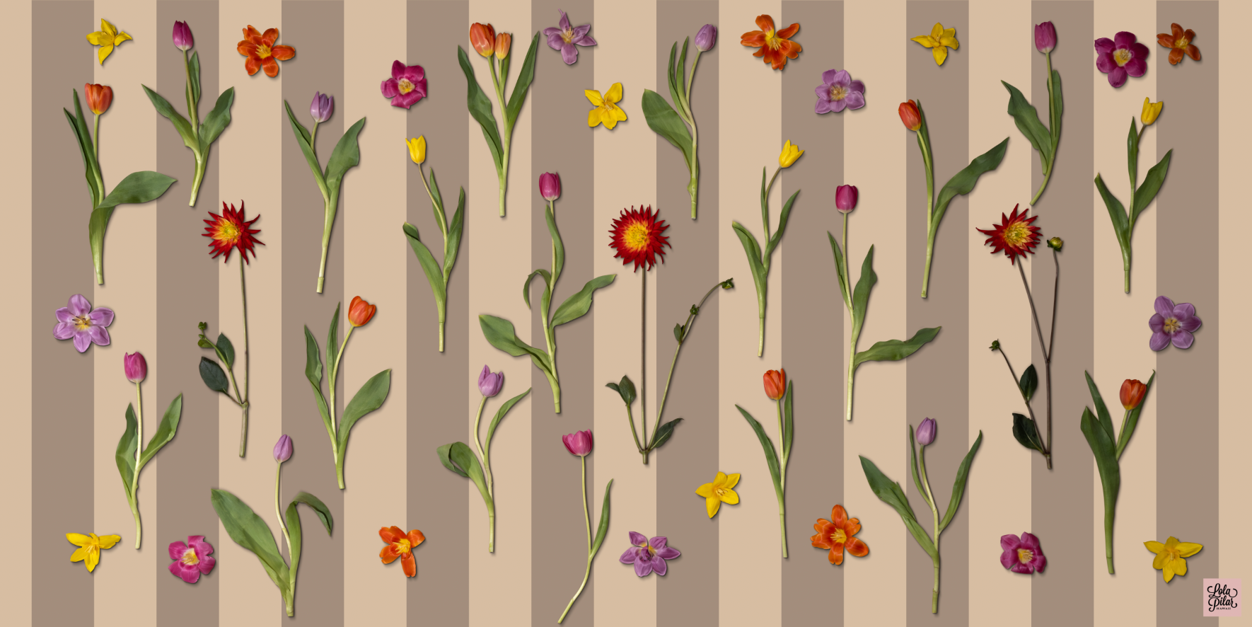 Tulips N' A Dahlia - Beige / Grey Stripes